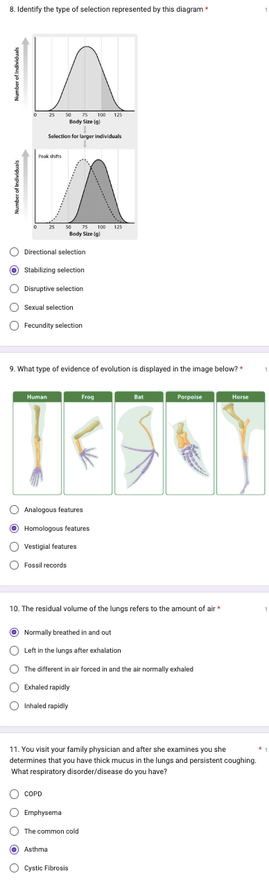 8. Identify the type of selection represented by this diagram *
Directional selection
Stabilizing selection
Disruptive select