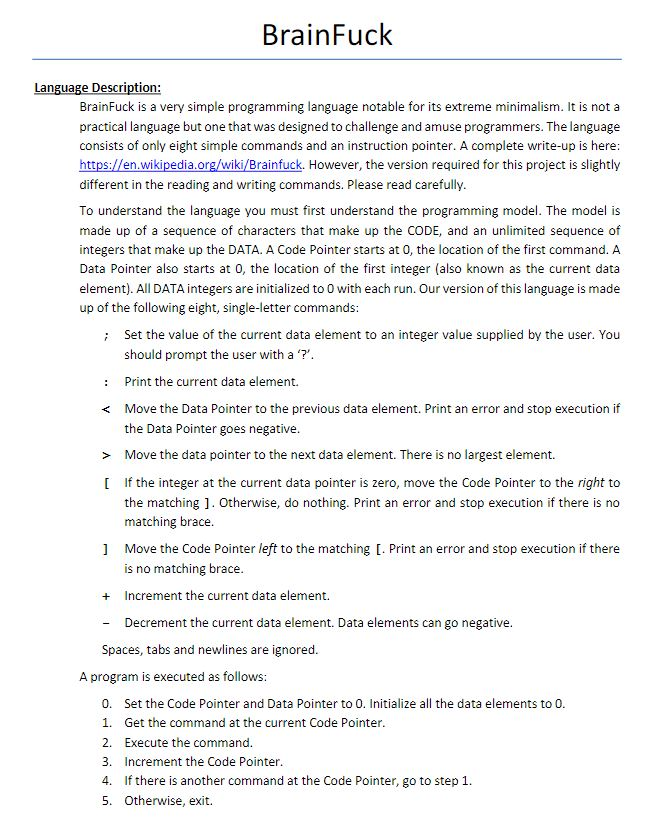 Solved BrainFuck ge Description: BrainFuck is a very simple | Chegg.com