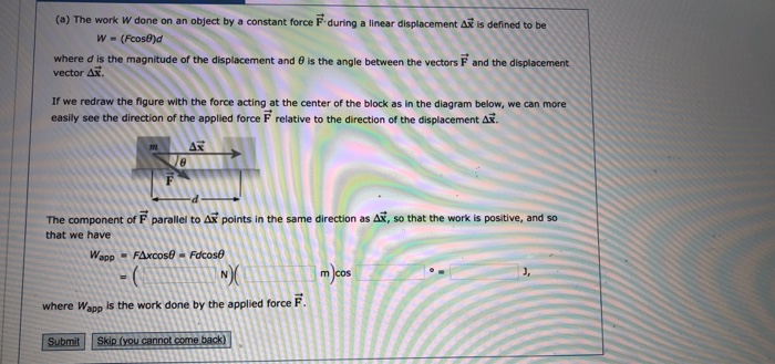 Solved (a) The work w done on an object by a constant force | Chegg.com