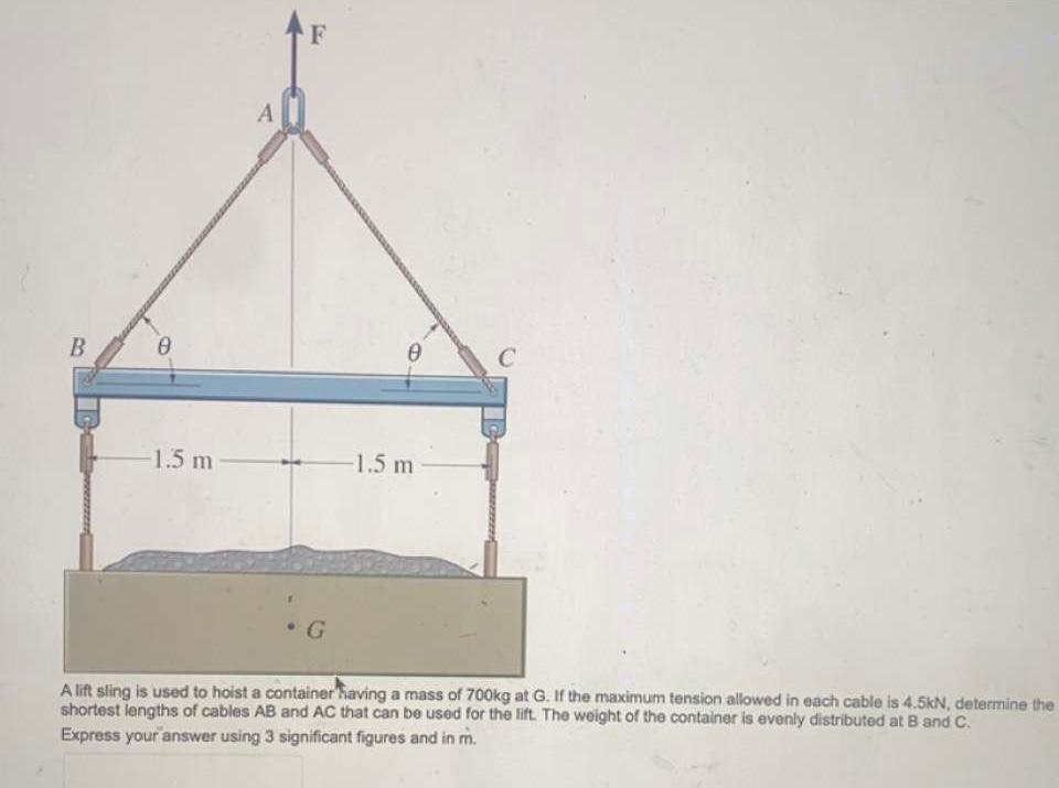 nmi sinig is useu wo nuist a container naving a mass of rookg at G. If the maximum tension allowed in each cable is \( 4.5 \m