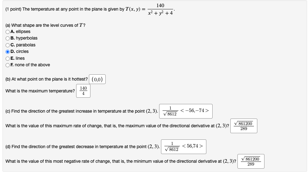 Solved (1 point) The temperature at any point in the plane | Chegg.com