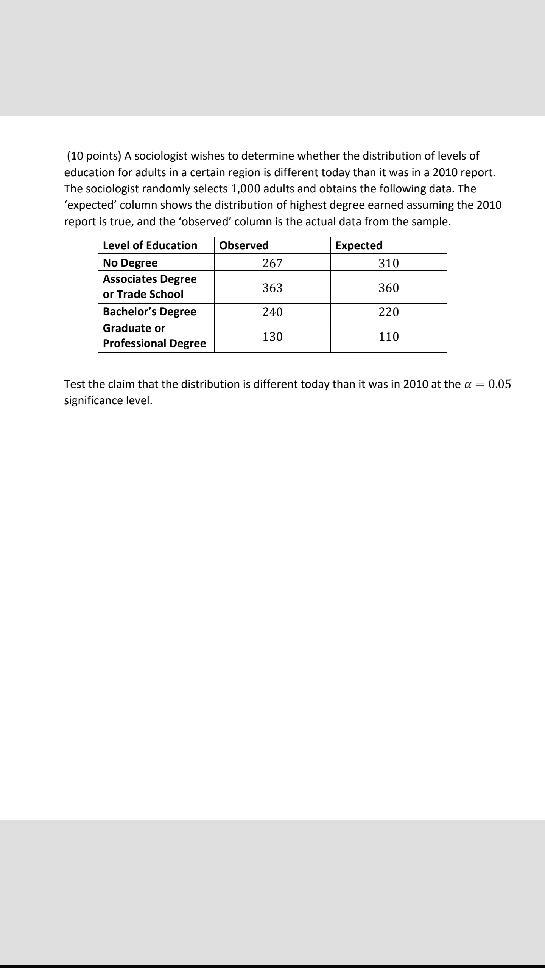 Solved (10 Points) A Sociologist Wishes To Determine Whether | Chegg.com