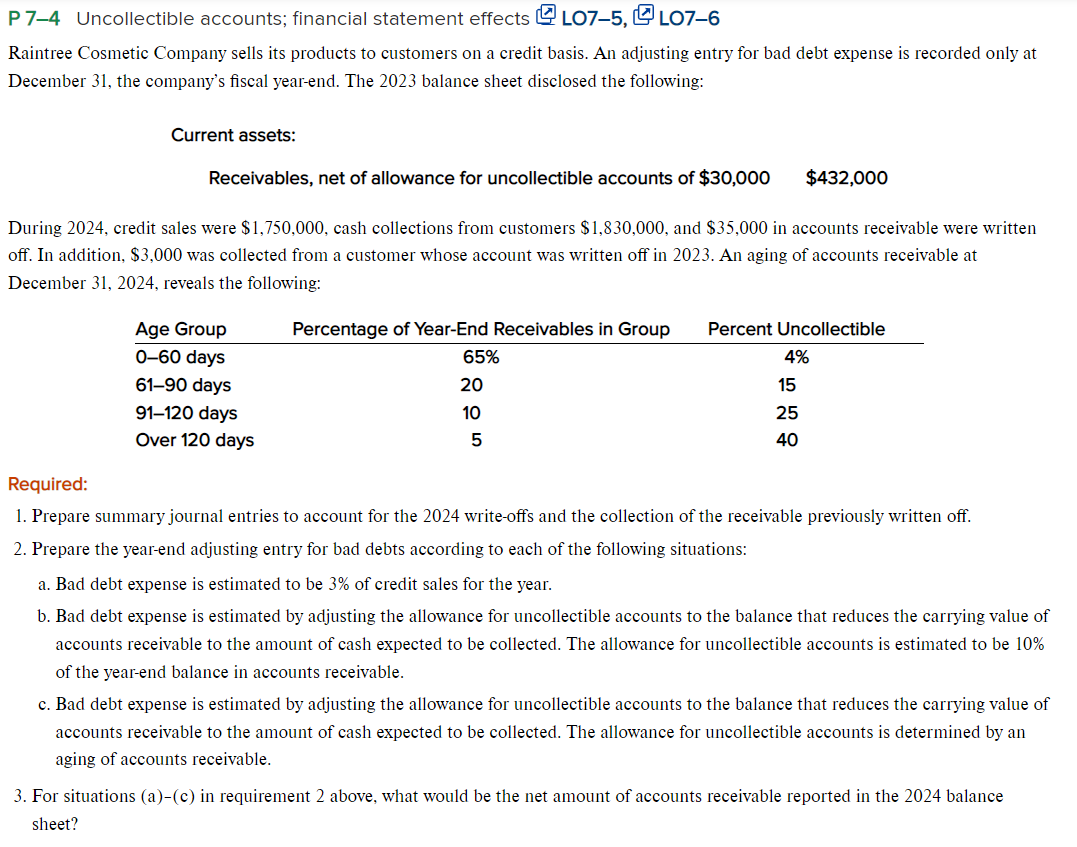 Solved P 7-4 Uncollectible accounts; financial statement | Chegg.com