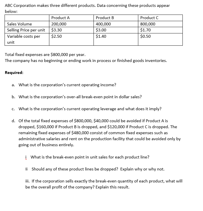 Solved ABC Corporation makes three different products. Data | Chegg.com