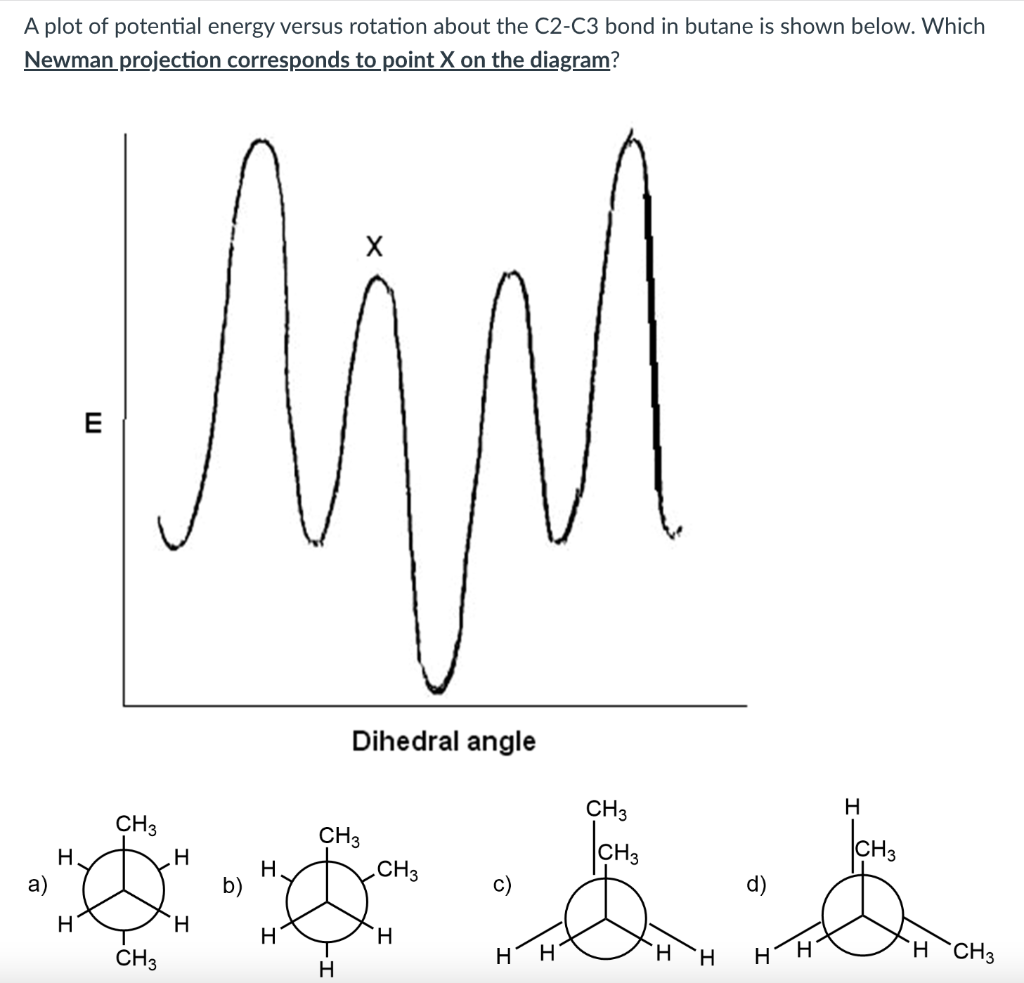 A plot of potential energy versus rotation about the C2-C3 bond in butane is shown below. Which Newman projection corresponds