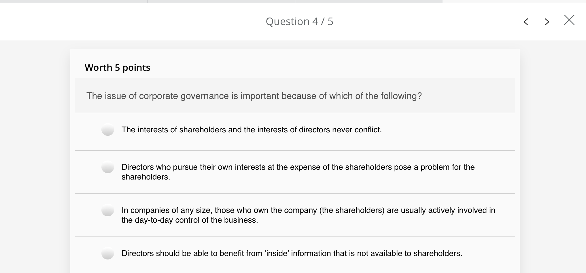 Solved Question 4/5 Worth 5 points The issue of corporate | Chegg.com