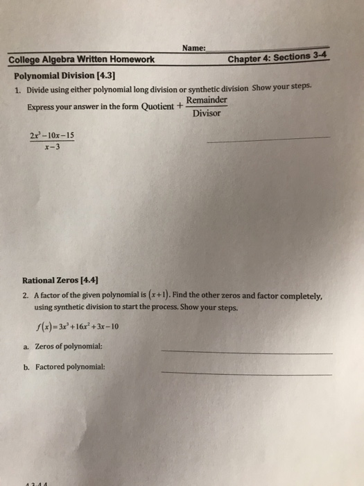Solved Name: College Algebra Written Homework Chapter 4: | Chegg.com