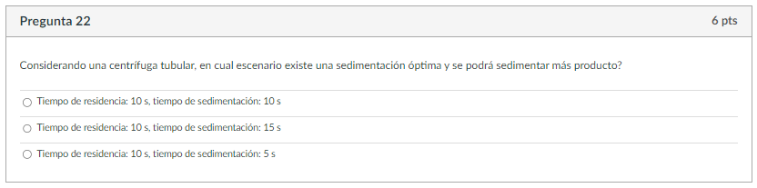 Considerando una centrifuga tubular, en cual escenario existe una sedimentación óptima y se podrá sedimentar más producto? Ti