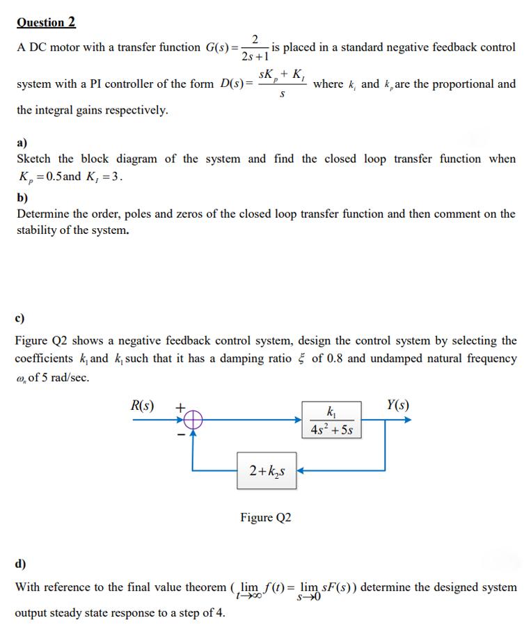 Solved Question 2 2 A DC motor with a transfer function G(s) | Chegg.com