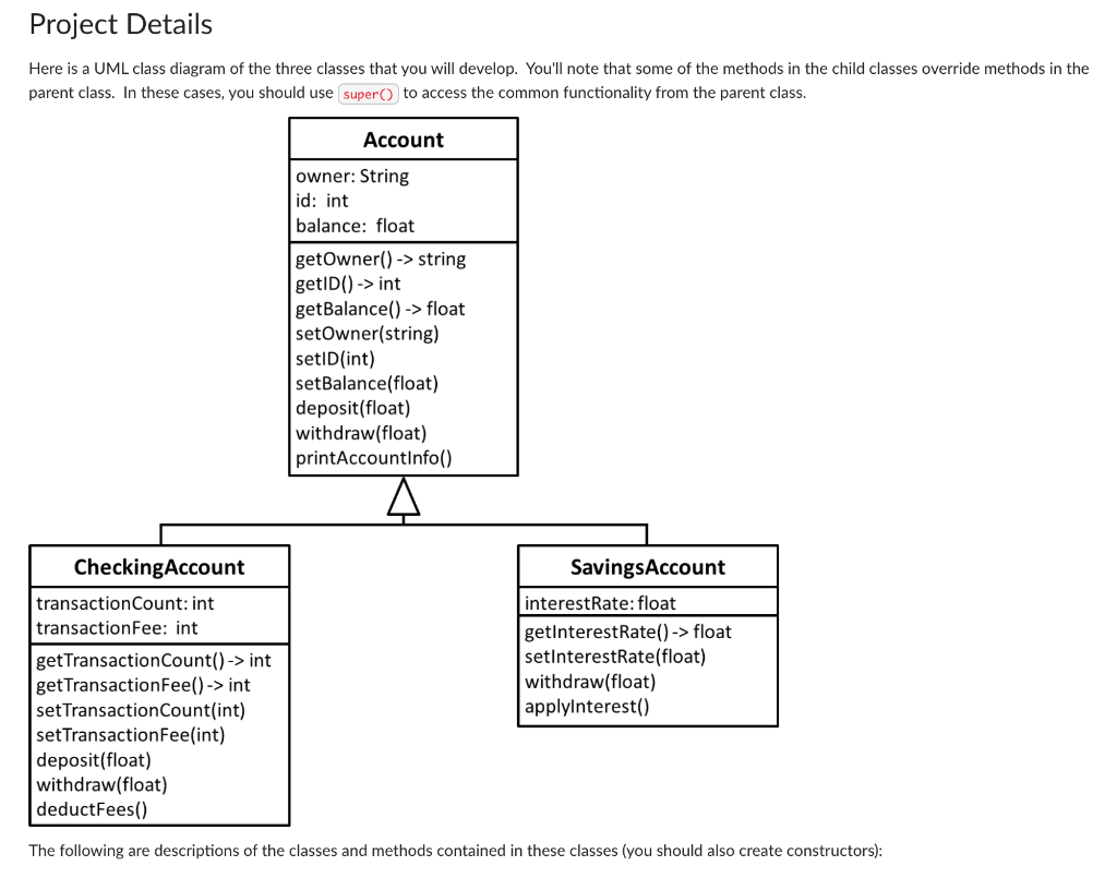 Project Details Here is a UML class diagram of the | Chegg.com