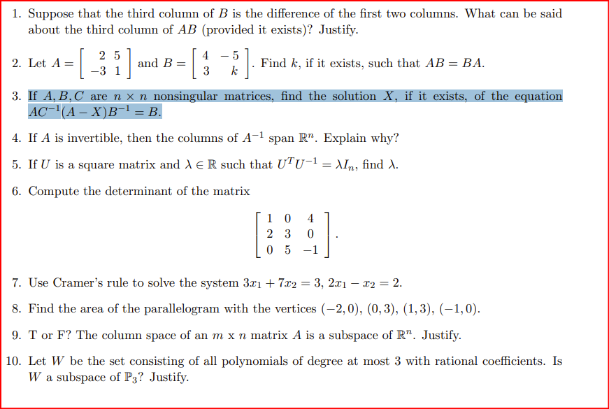 Solved 1. Suppose That The Third Column Of B Is The | Chegg.com