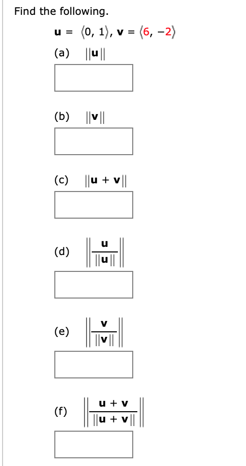 Solved Find The Following U 0 1 V 6 2 A U B Chegg Com