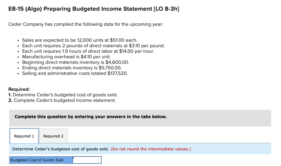 Solved E8-15 (Algo) Preparing Budgeted Income Statement (LO | Chegg.com