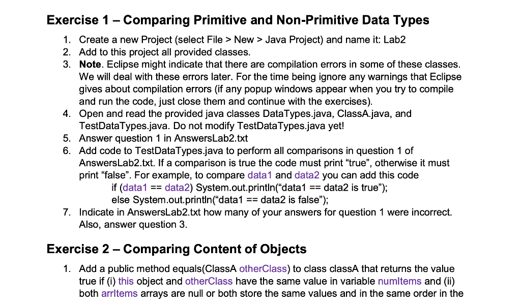 Solved Exercise 1 - Comparing Primitive and Non-Primitive | Chegg.com