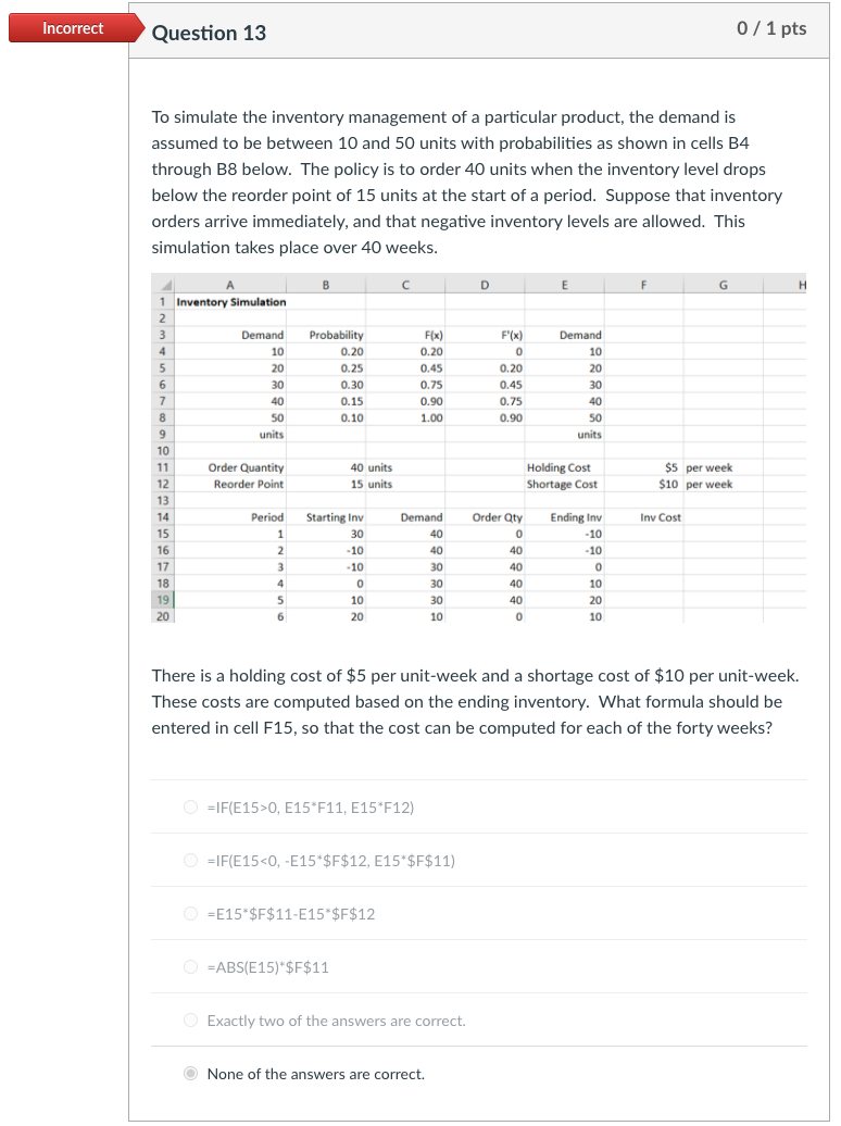 A1 A x fx X fx Inventory Simulation A B с D E F G | Chegg.com