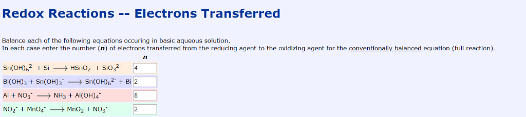 Solved Redox Reactions Electrons Transferred Balance each of | Chegg.com