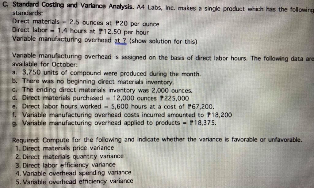 Solved C. Standard Costing and Variance Analysis. A4 Labs, | Chegg.com