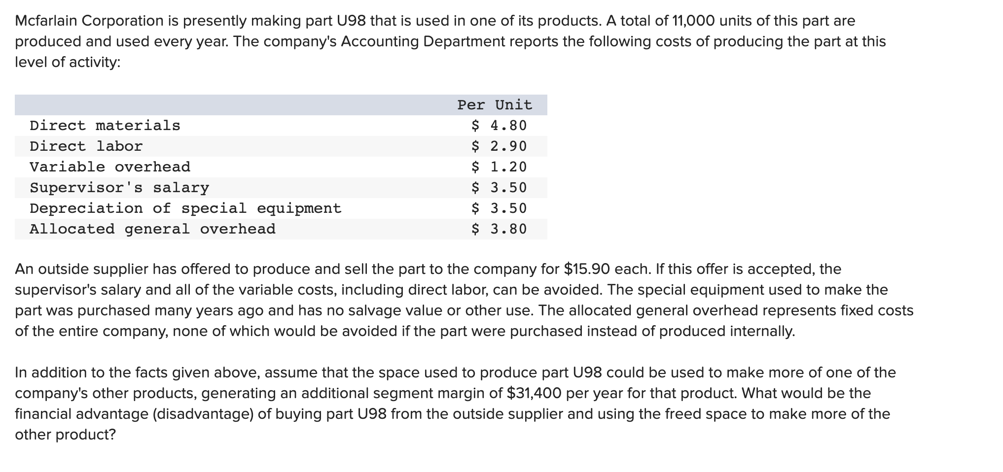 Solved Mcfarlain Corporation is presently making part U98 | Chegg.com