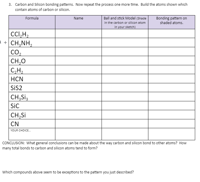 Solved 3. Carbon and Silicon bonding patterns. Now repeat | Chegg.com