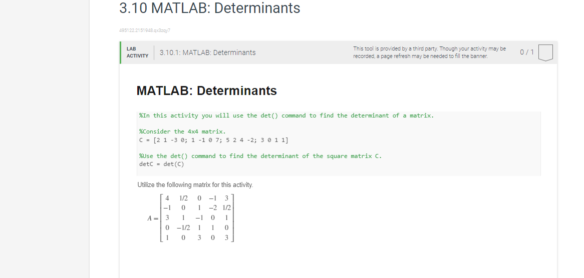 Solved please the actually code its is not det(a) %provides | Chegg.com