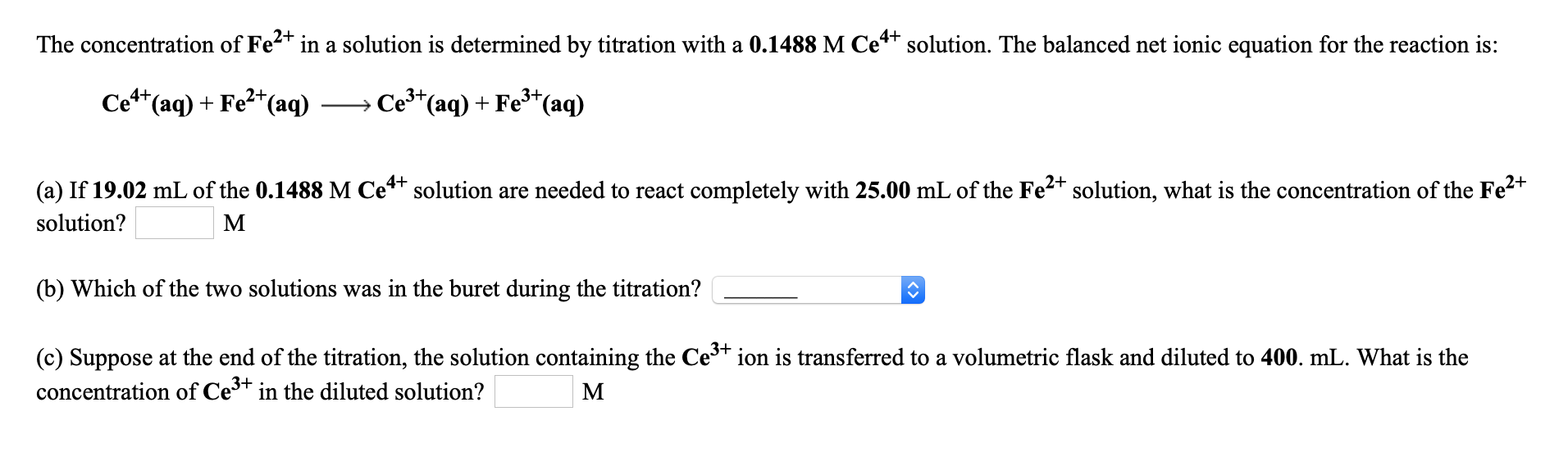 Solved The concentration of Fe2+ in a solution is determined | Chegg.com