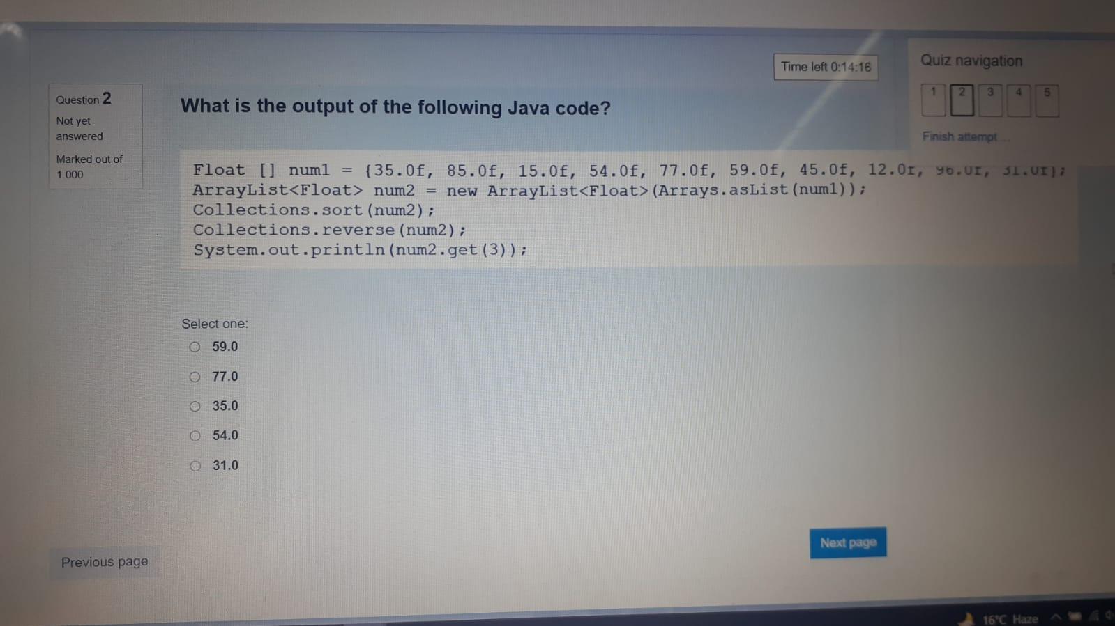 Solved Quiz navigation Time left 0:14:16 1 2. 3 4 5 Question | Chegg.com