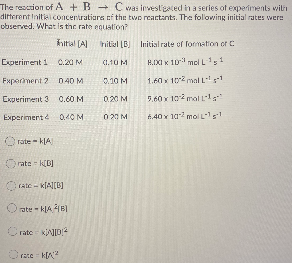 Solved The reaction of A + B + C was investigated in a | Chegg.com