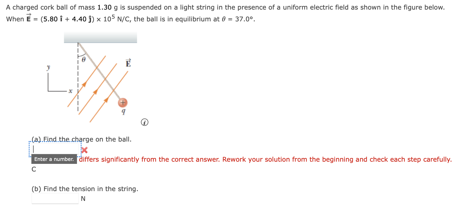 Solved A charged cork ball of mass 1.30 g is suspended on a