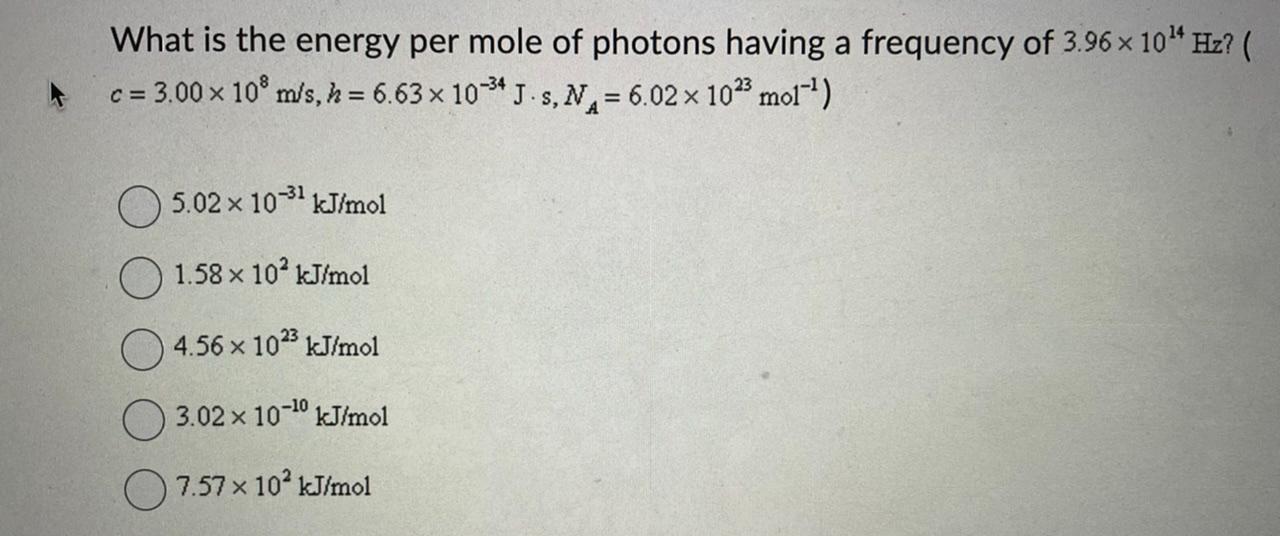 Solved What is the energy per mole of photons having a | Chegg.com