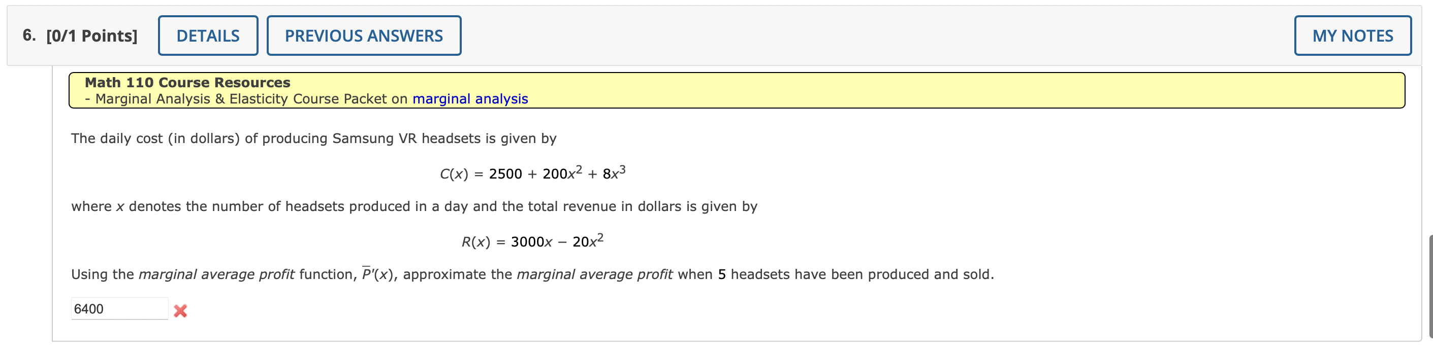 Solved Math 110 Course Resources - Marginal Analysis \& | Chegg.com