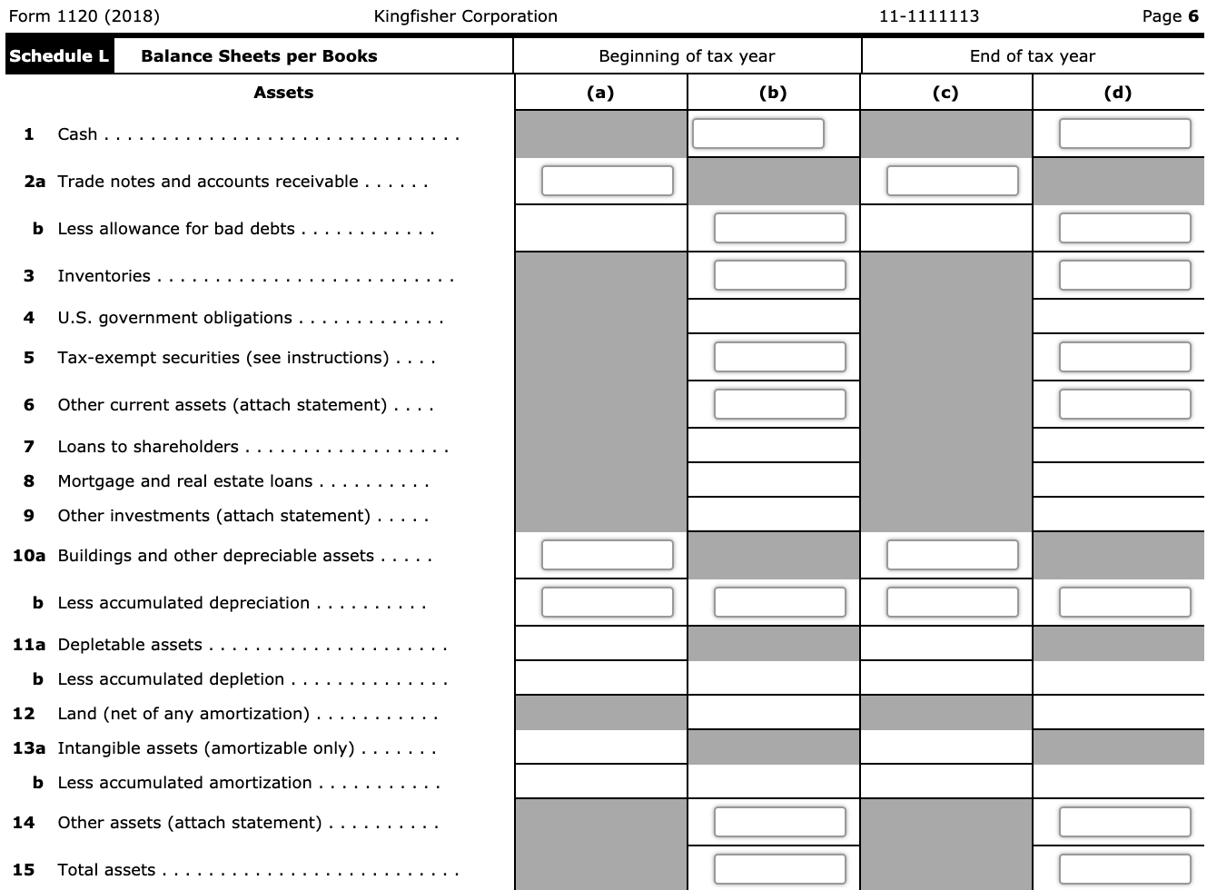 Complete Form 1120, pages 1, 2 and 3 for Kingfisher