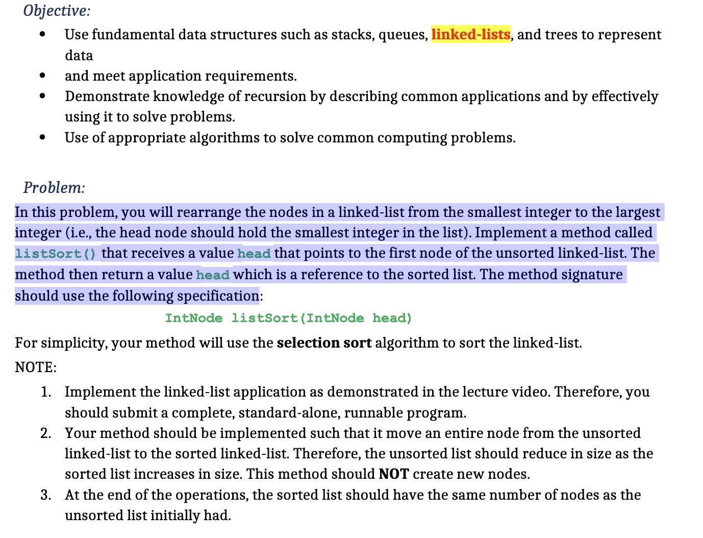 Solved Objective: - Use fundamental data structures such as | Chegg.com