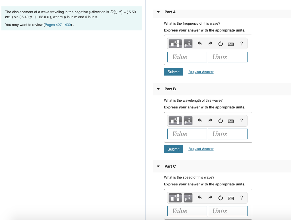 Solved Part A The Displacement Of A Wave Traveling In The Chegg Com