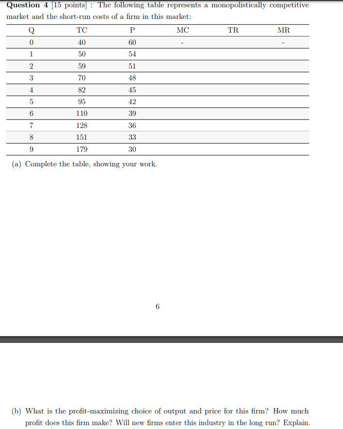Solved Question 4 (15 points) : The following table | Chegg.com