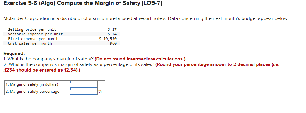 Solved Exercise 5-8 (Algo) Compute the Margin of Safety | Chegg.com