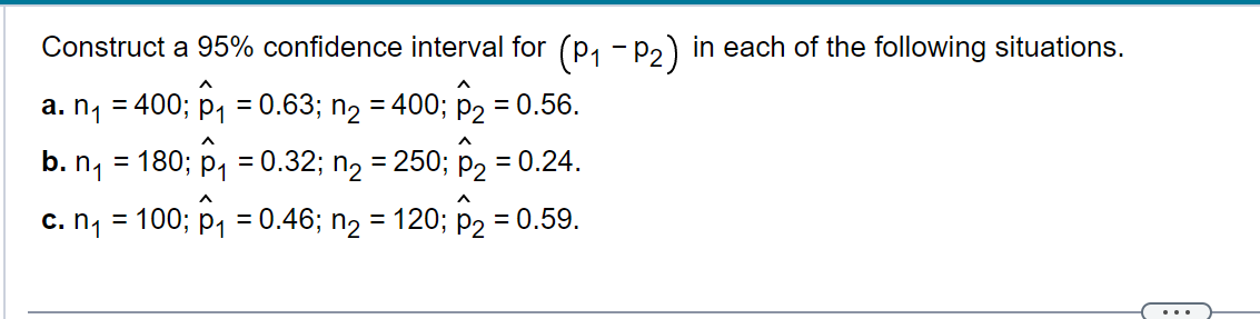Solved Construct a 95% confidence interval for (p1−p2) in | Chegg.com
