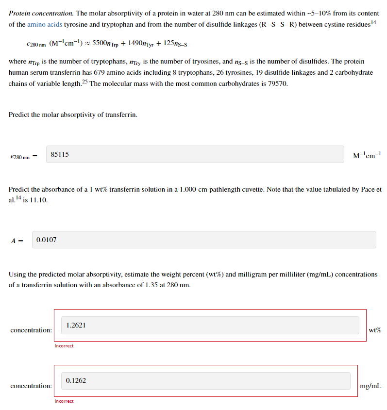 Solved Protein concentration. The molar absorptivity of a | Chegg.com