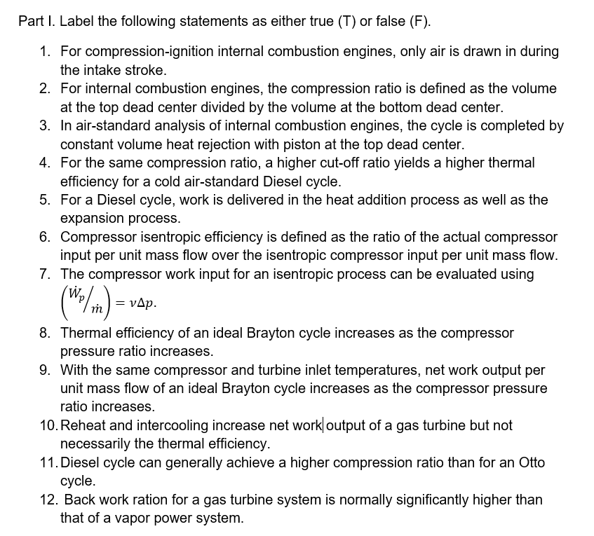 Solved Part I. Label the following statements as either true | Chegg.com
