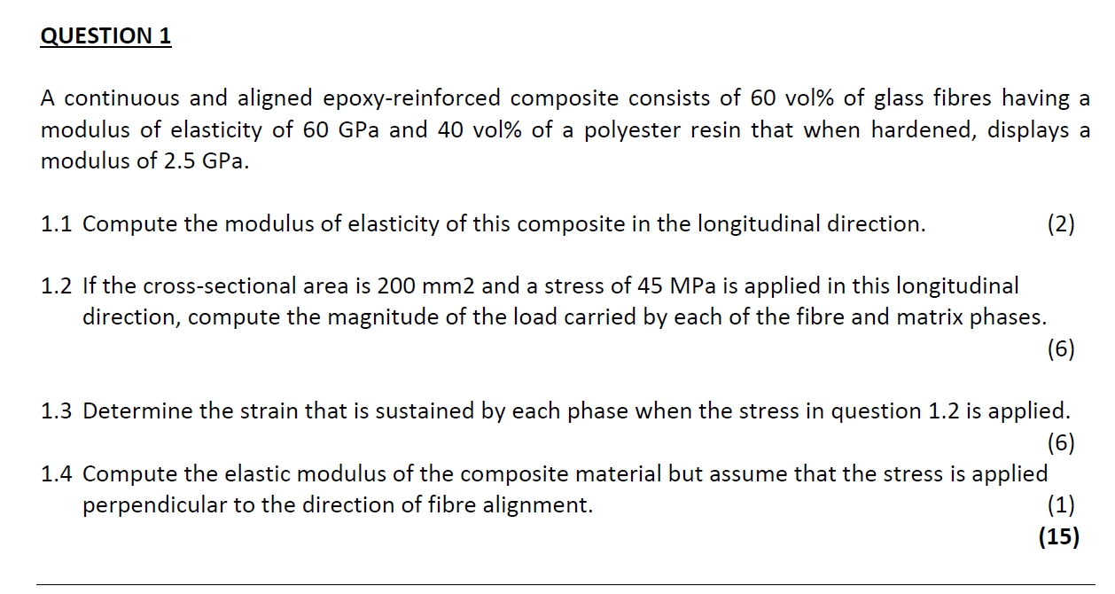 A continuous and aligned epoxy-reinforced composite consists of 60 vol\% of glass fibres having a modulus of elasticity of \(