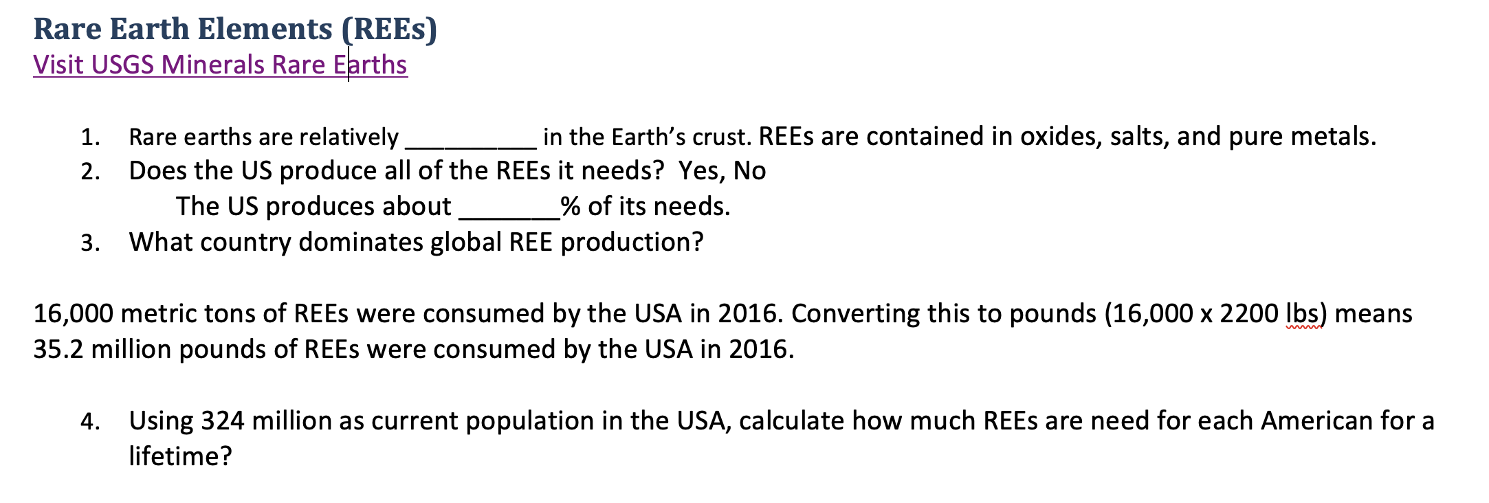 Solved Rare Earth Elements (REEs) Visit USGS Minerals Rare | Chegg.com