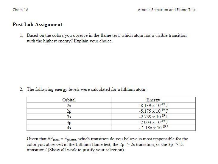 Solved Chem 1 A Atomic Spectrum and Flame Test Post Lab