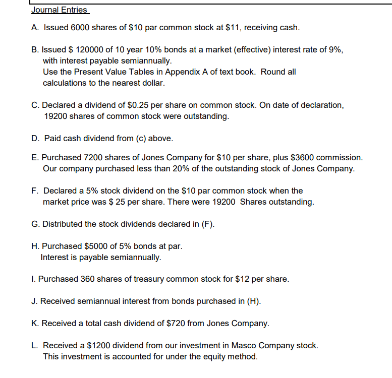 Journal Entries A. Issued 6000 shares of 10 par
