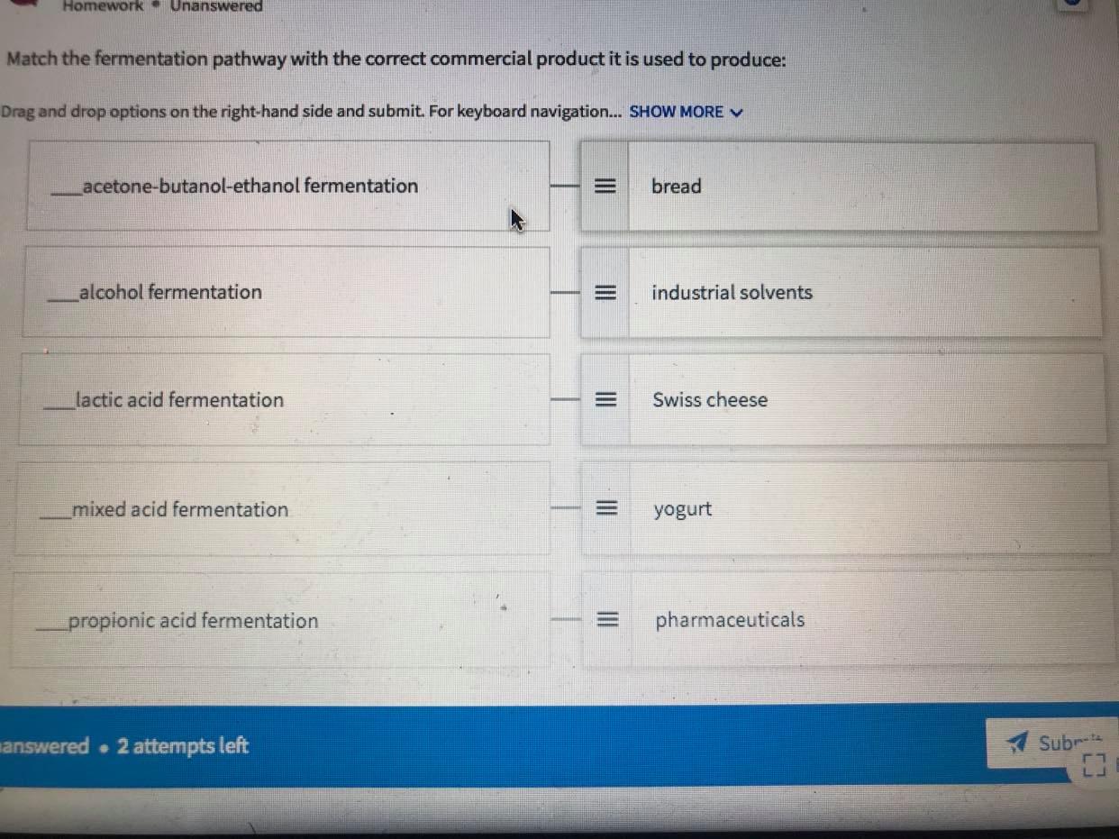 Solved Homework Unanswered Match the fermentation pathway