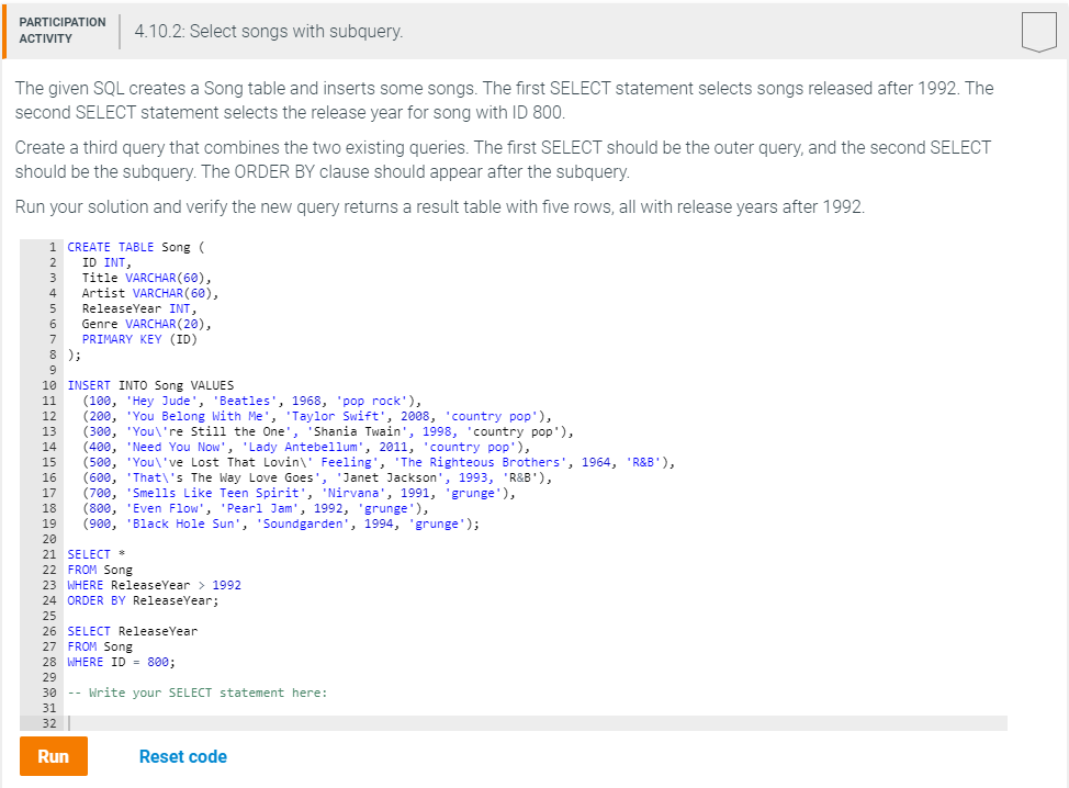 Solved PARTICIPATION ACTIVITY 4 10 2 Select Songs With Chegg