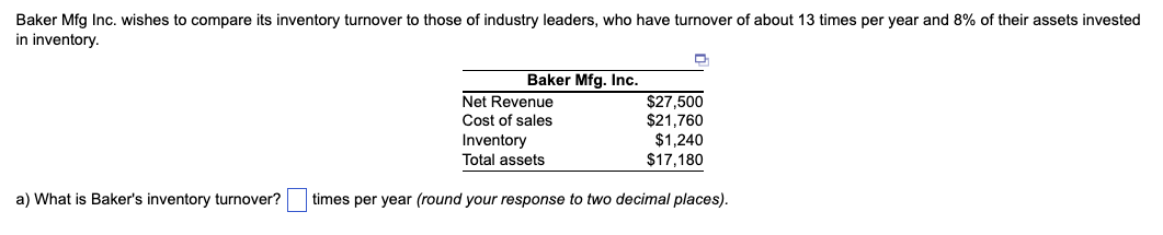 Solved A) What Is Baker's Inventory Turnover? Times Per Year 