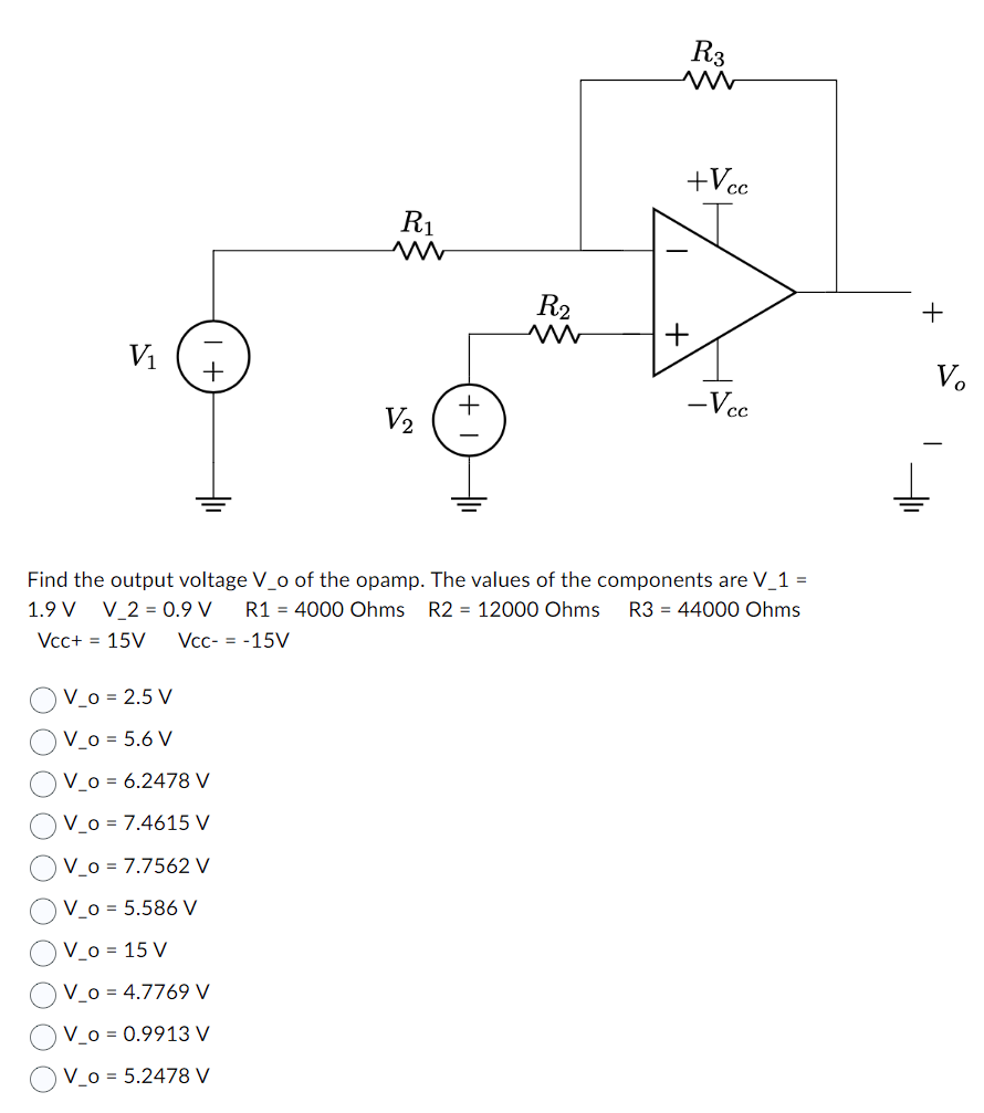Solved Find the output voltage V−o of the opamp. The values | Chegg.com