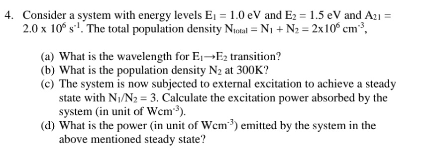 Solved Consider a system with energy levels E_(1)=1.0eV and | Chegg.com