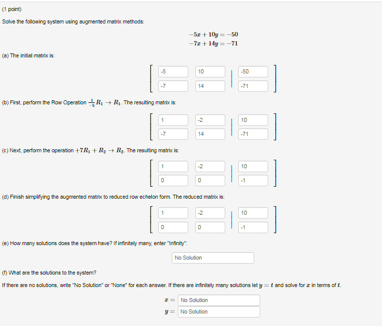 Solved (1 point) Solve the following system using augmented | Chegg.com