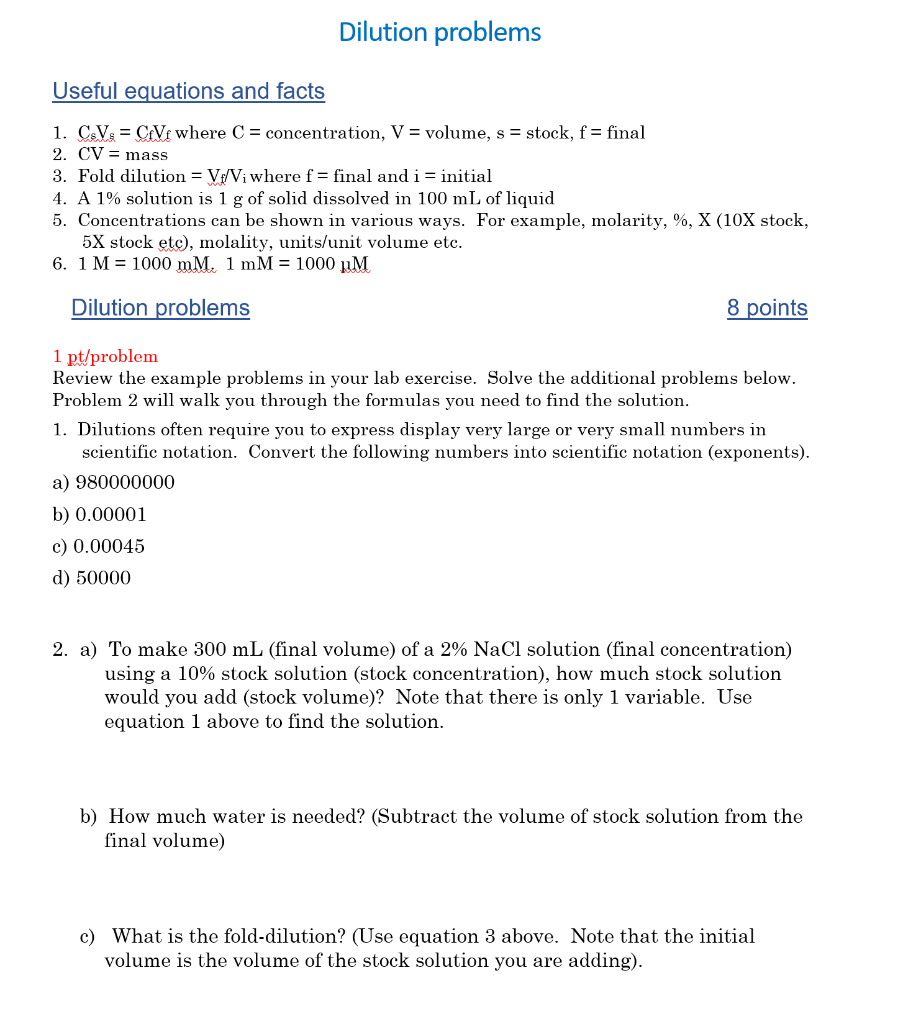 Solved Dilution problems Useful equations and facts 1. CSV =