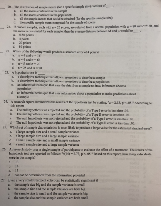 Solved 20. The distribution of sample means (for a specific | Chegg.com